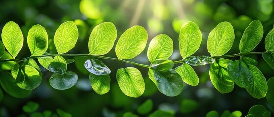 Sunlight illuminates vibrant green leaves on a branch, showcasing their intricate details and textures