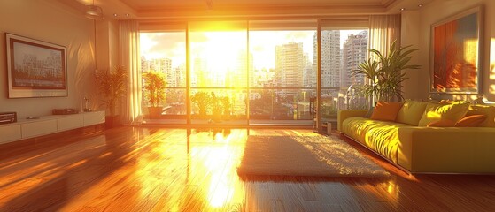 Sunlit apartment living room with city view, hardwood floors, and comfy sofa