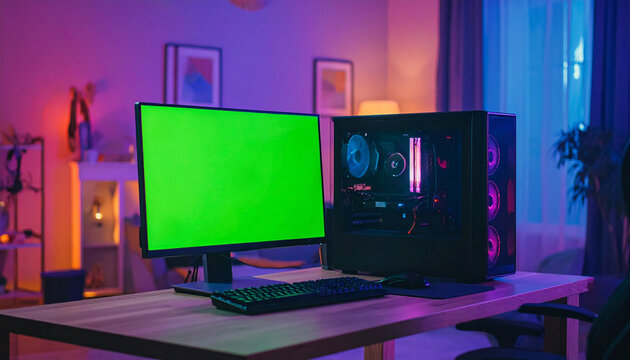 Gaming computer setup with green screen monitor on wooden desk in colorful room lighting, creating vibrant and modern atmosphere for work or play