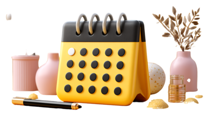 Yellow Calendar with Desk Accessories and Decorative Elements