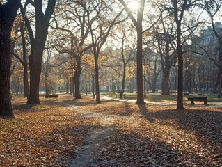Sunlit autumn park path, fallen leaves, trees, benches