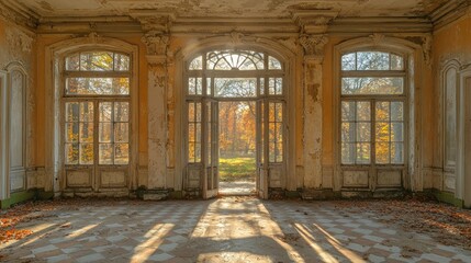 Sunlit autumn scene through the doors of a decaying mansion's grand hall, revealing a colorful park beyond