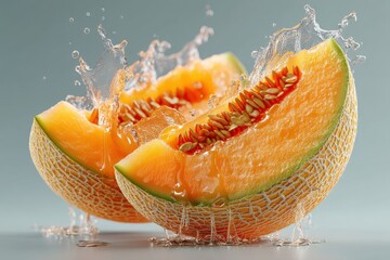 Cantaloupe Splash: Two juicy cantaloupe slices, glistening with freshness, are captured mid-air, surrounded by a vibrant splash of water.