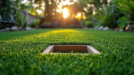 Sunlit backyard with artificial turf and a wooden square inset