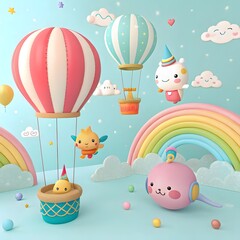 "Whimsical sky with vintage airplanes, hot air balloons, and fluffy clouds in pastel colors."