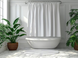 Sunlit bathroom with freestanding tub, plants, and white shower curtain.  Marble floor adds elegance