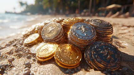 Sunlit beach scene with a pile of gold and silver coins partially buried in the sand near the water