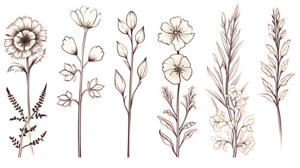 Professionally Drawn Wild Flower Bouquet Line Art Illustrations for Creative Projects