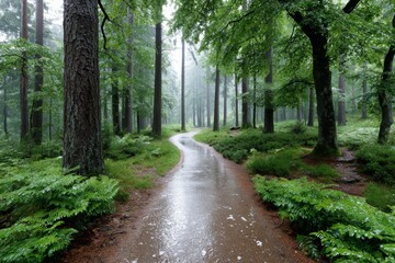 Fototapeta premium A winding path through a lush, green forest on a rainy day, with wet ground and mist among tall trees.