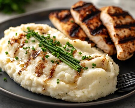Creamy mashed cauliflower served a smooth puree garnished with a sprinkle of fresh chives plated elegantly with grilled chicken on the side