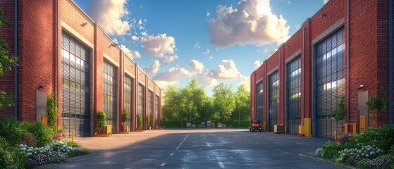 Sunlit brick buildings with large doors line a wide paved road, leading to a green landscape under a bright sky