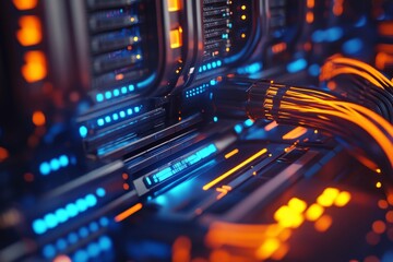 Close-up view of futuristic server racks with glowing components and cables.  Detailed network hardware, vibrant colors, and intricate design