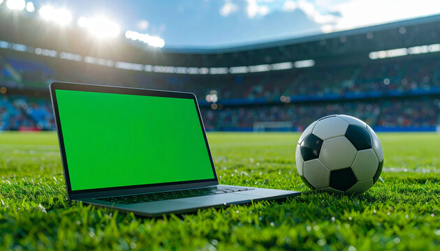 Laptop with green screen and soccer ball on grass in stadium under bright sunlight