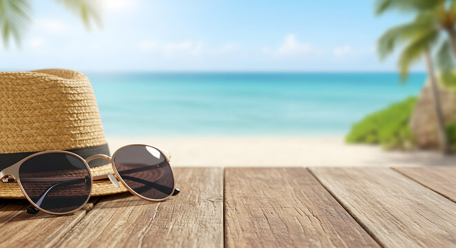Rustic wooden table with sunglasses and a straw hat, beachy vibes.