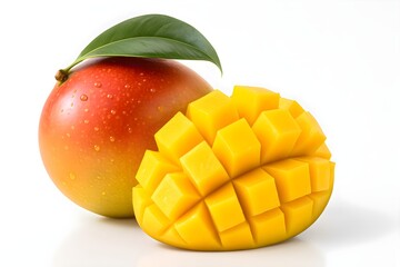 Fresh Ripe Mango with Cubes and Leaf Isolated