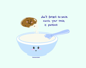 seamless high quality food cartoon character vector illustration with color pastel background. bow of milk cartoon and cookies and klepon the traditional food of indonesia. 