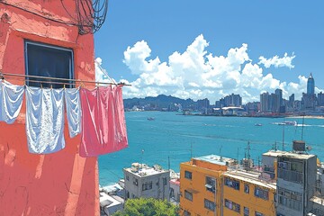 Sunlit cityscape view with laundry hanging from a coral building; boats dot the blue water