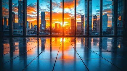 Sunlit cityscape viewed through large windows from a polished floor in a modern building