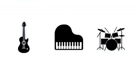 Musical Instruments Icons: Guitar, Piano, Drums