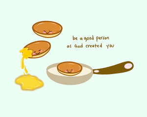 seamless high quality textured cute design cartoon pancake vector illustration on frying pan with honey and quotes pastel color background