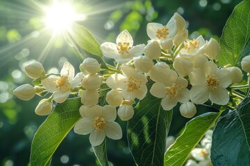 Sunlit cluster of delicate white blossoms on a green branch
