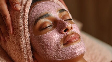 Fototapeta premium Indian woman enjoying a luxury facial mask treatment, glowing skin, peaceful spa experience, enhancing her radiance.