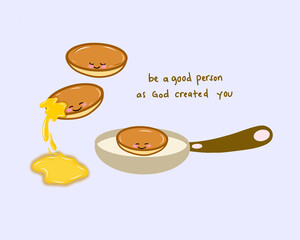 seamless high quality textured cute design cartoon pancake vector illustration on frying pan with honey and quotes pastel color background