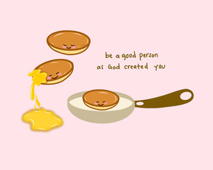 seamless high quality textured cute design cartoon pancake vector illustration on frying pan with honey and quotes pastel color background