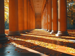 Sunlit colonnade path strewn with autumn leaves.  Golden hour light casts long shadows
