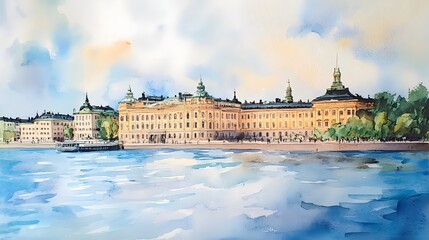 Obraz premium Watercolor painting of a european city by the water.