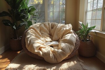 Sunlit corner with comfy chair, plants, and open book. Cozy reading nook