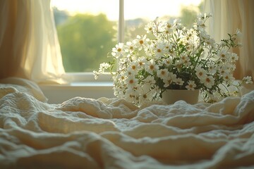Sunlit daisies in a pot rest on a cream linen bedspread by a window