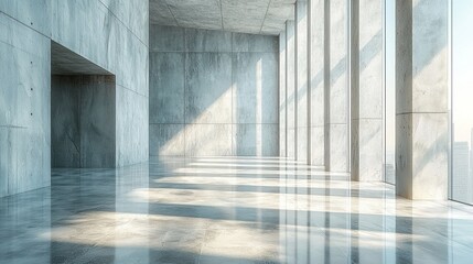 Sunlit, expansive modern hall with polished floors and tall windows offering a city view