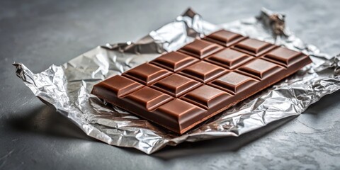 A Delicious Milk Chocolate Bar Partially Unwrapped from its Silver Foil Wrapper on a Dark Gray Surface