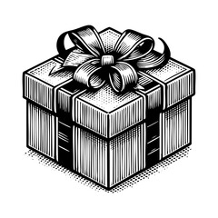 Gift box sketch engraving black and white outline. Scratch board imitation.
