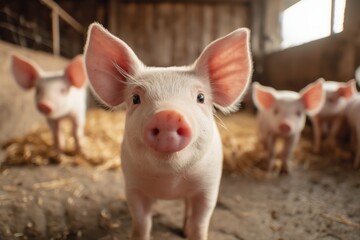 A cute piglet with big ears and a pink nose is looking at the camera, barn background on a sunny day