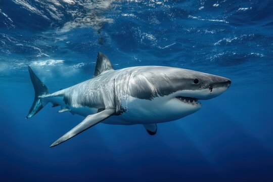 A great white shark, captured in a full-body shot with its head pointing towards the camera and swimming in beautiful deep blue water with sun light shining through the surface