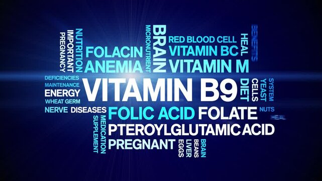 Vitamin B9 animated word cloud;Folic Acid text design animation tag kinetic typography seamless loop.