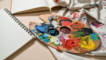 Fototapeta premium Artist palette with paint smeared over it next to a blank sketchbook