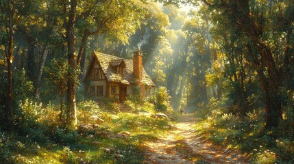 Sunlit forest path leads to charming cottage, nestled amongst lush greenery and dappled sunlight