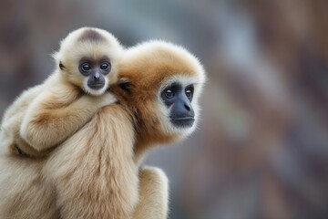 Fototapeta premium Photograph of a gibbon, mother and baby sitting on a tree trunk, forest landscape background on a bright sunny day
