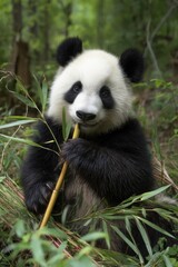Fototapeta premium A panda is eating bamboo in the green forest, with black and white fur and big eyes. grassy and lush forest landscape background