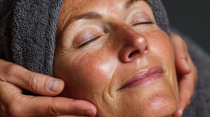 Obraz premium Close-up portrait of a relaxed middle-aged woman receiving face lifting massage and double chin treatment at a luxury spa.