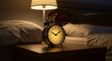 Waking up in the morning Alarm clock on bedside table