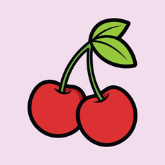 A Pair of Delicious Red Cherries with Green Stem and Leaves Cartoon Illustration