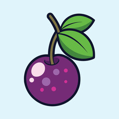 Cartoon illustration of a single ripe juicy purple cherry with pink and purple spots and green leaves