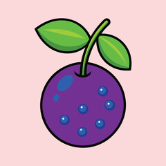 A Cute Cartoon Drawing of a Purple Fruit with Green Leaves and Blue Spots