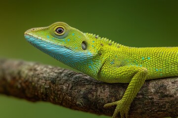 Fototapeta premium Green water dragon on tree branch, side view. Green background landscape. The animal is in the center of an extreme close-up.