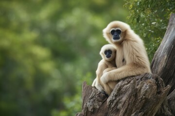 Obraz premium Photograph of a gibbon, mother and baby sitting on a tree trunk, forest landscape background on a bright sunny day