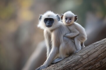 Obraz premium Photograph of a gibbon, mother and baby sitting on a tree trunk, forest landscape background on a bright sunny day